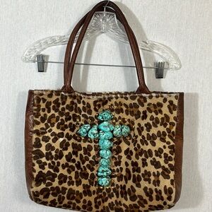 Kurtmen genuine leather leopard print pony hair gemstone cross shoulder bag